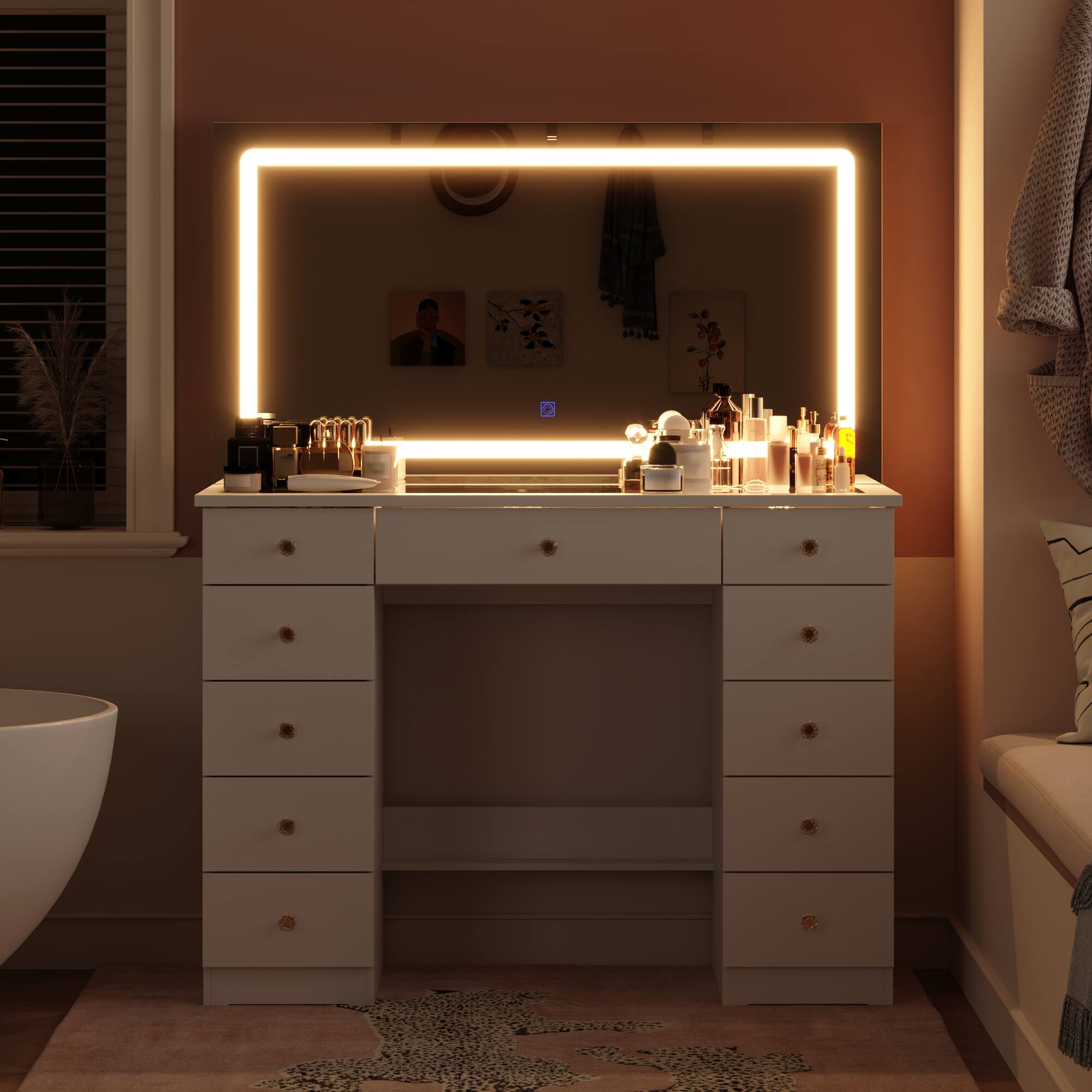 Back. Famapy - Large LED Vanity Desk with Oversized Illuminated Mirror, 3 - Color Lighting, Ample Storage Drawers & Crystal Knobs - White.