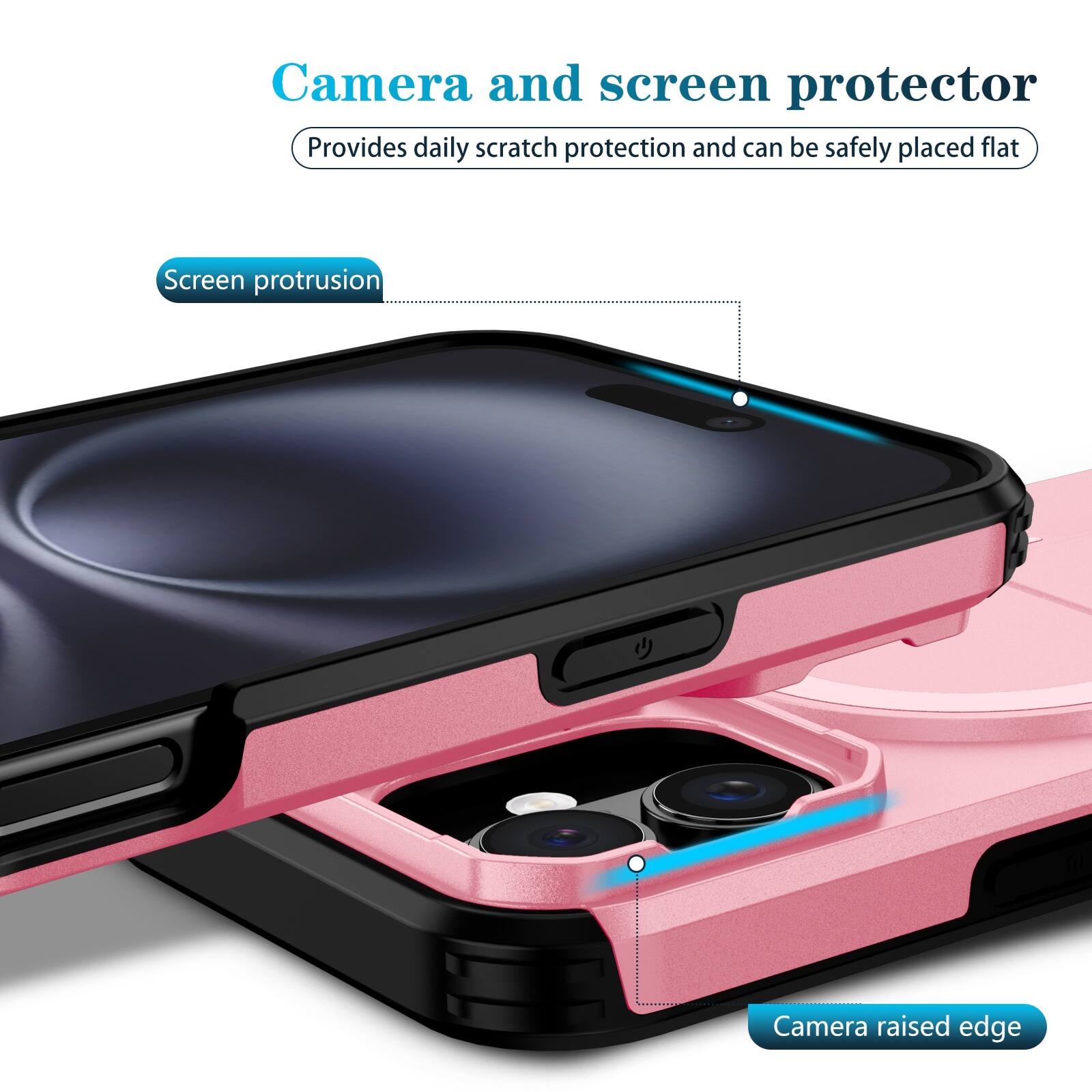 Camera and screen protector  
Provides daily scratch protection and can be safely placed flat  

Screen protrusion  
Camera raised edge