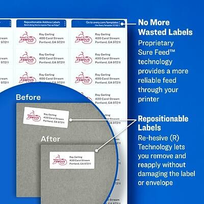 Repositionable Address Labels

Before:
- Ray Gerling
- 400 Carol Stream
- FAMOUS
- Portland, GA 07211

After:
- Ray Gerling
- 400 Carol Stream
- FAMOUS
- Portland, GA 07211

No More Wasted Labels
Proprietary Sure Feed™ technology provides a more reliable feed through your printer

Repositionable Labels
Re-hesive™ (R) Technology lets you remove and reapply without damaging the label or envelope