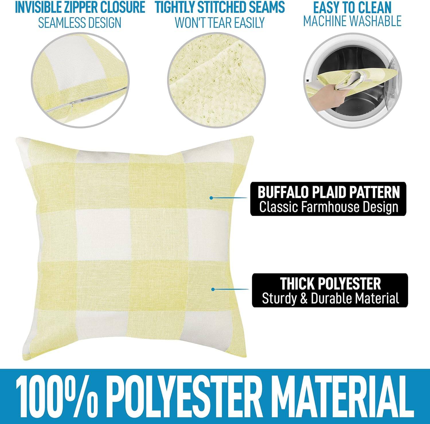 - Invisible Zipper Closure
- Seamless Design
- Tightly Stitched Seams
- Won't Tear Easily
- Easy to Clean
- Machine Washable
- Buffalo Plaid Pattern
- Classic Farmhouse Design
- Thick Polyester
- Sturdy & Durable Material
- 100% Polyester Material