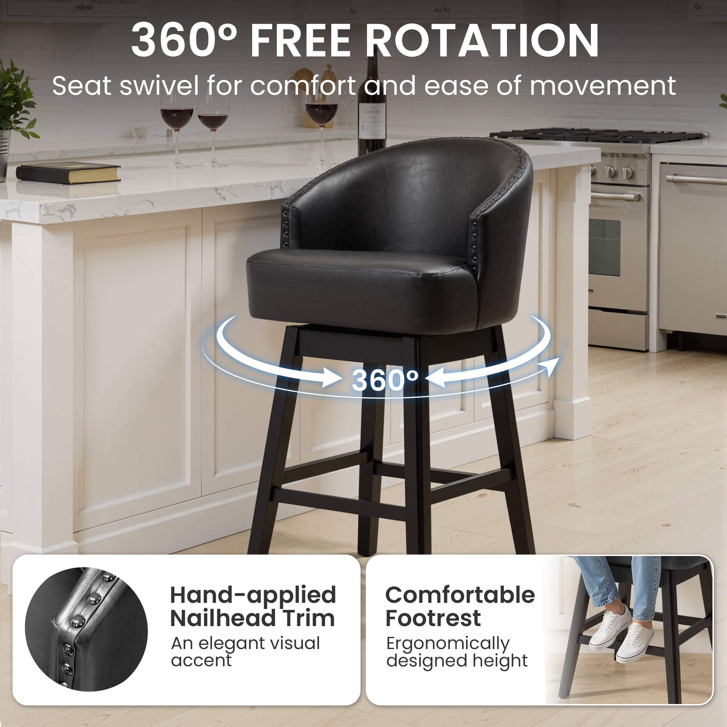 360° FREE ROTATION  
Seat swivel for comfort and ease of movement

Hand-applied Nailhead Trim  
An elegant visual accent

Comfortable Footrest  
Ergonomically designed height