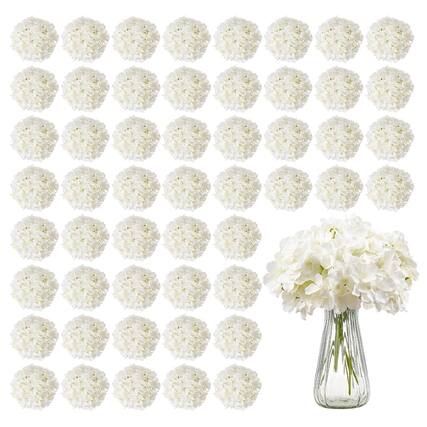 Front. VEVOR - Artificial Flowers, 65 pcs Real Looking White Silk Fake Hydrangea Bulk, White Faux Bridal Shower with Stems - White.