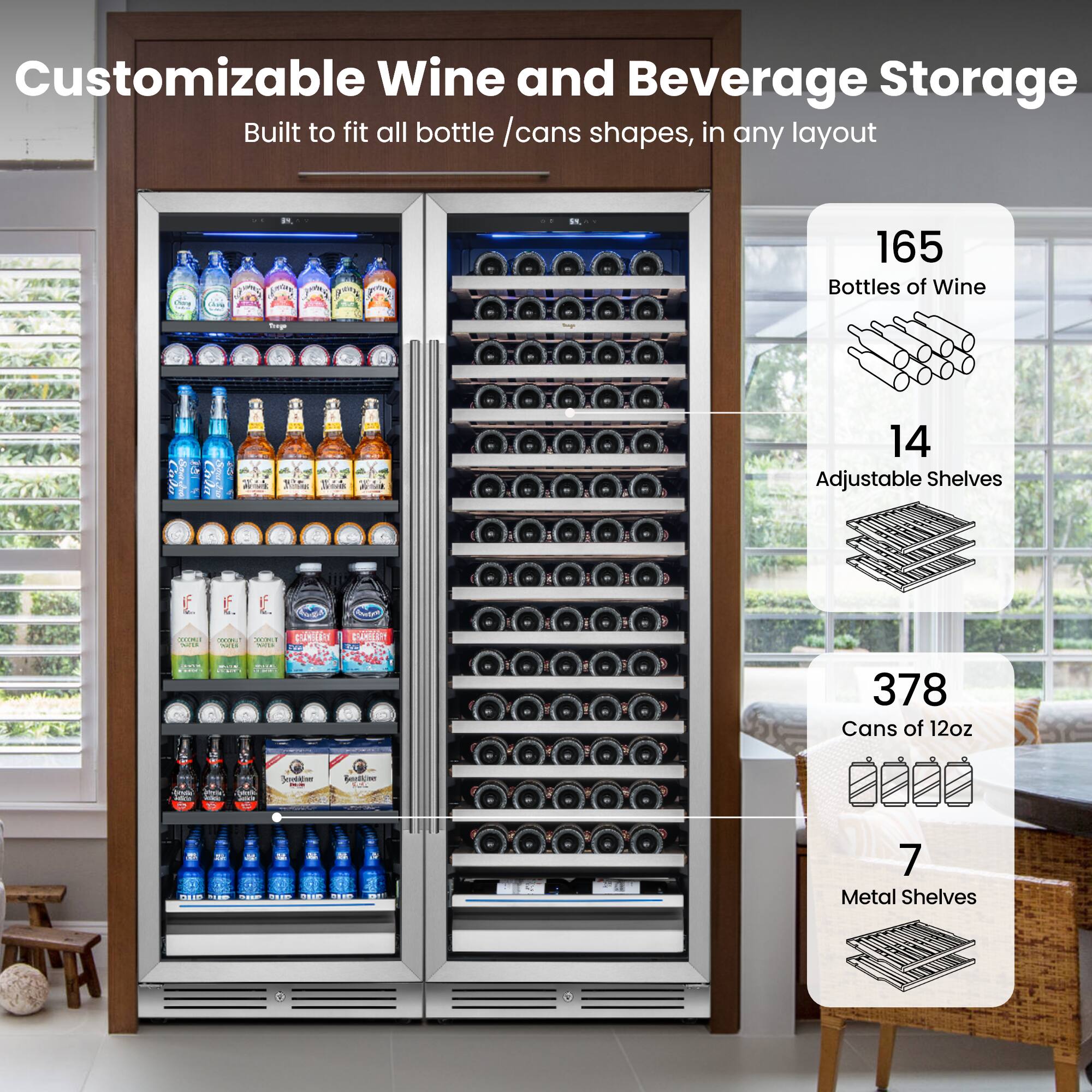 Customizable Wine and Beverage Storage  
Built to fit all bottle / can shapes, in any layout  

165 Bottles of Wine  
14 Adjustable Shelves  
378 Cans of 12oz  
7 Metal Shelves