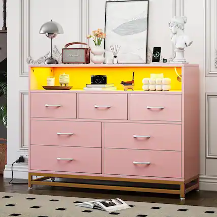 Front. GARVEE - Black 7-Drawer Dresser for Bedroom, Long Wooden Chest with LED Light, Wide Storage Cabinet for Living Room - Pink.