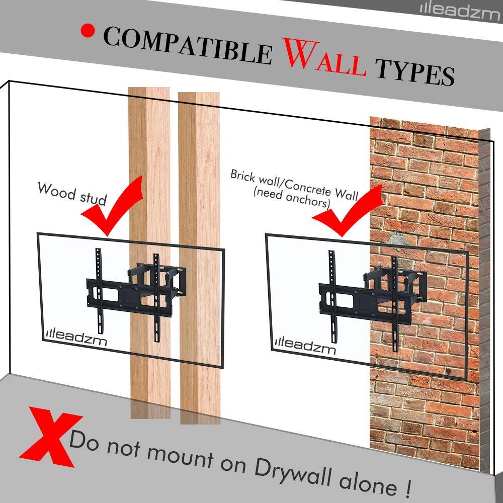 COMPATIBLE WALL TYPES

- Wood stud
- Brick wall/Concrete Wall (need anchors)

Do not mount on Drywall alone!