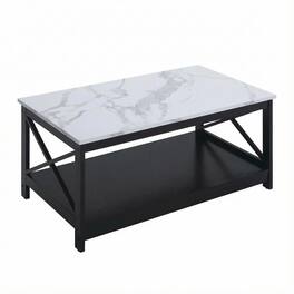 FurniFact - Coffee Table with Black MDF Shelf and Sturdy Frame - White Faux Marble