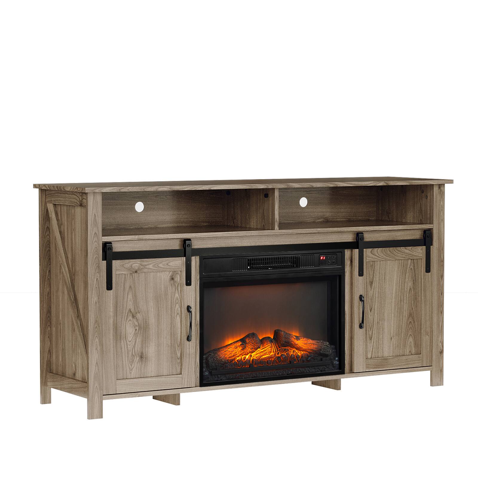 Alt View 6. Chateau Abodes - 58" Fireplace TV Stand with 23" Insert, Brown Barn Door Top & Sliding Track - Gray.