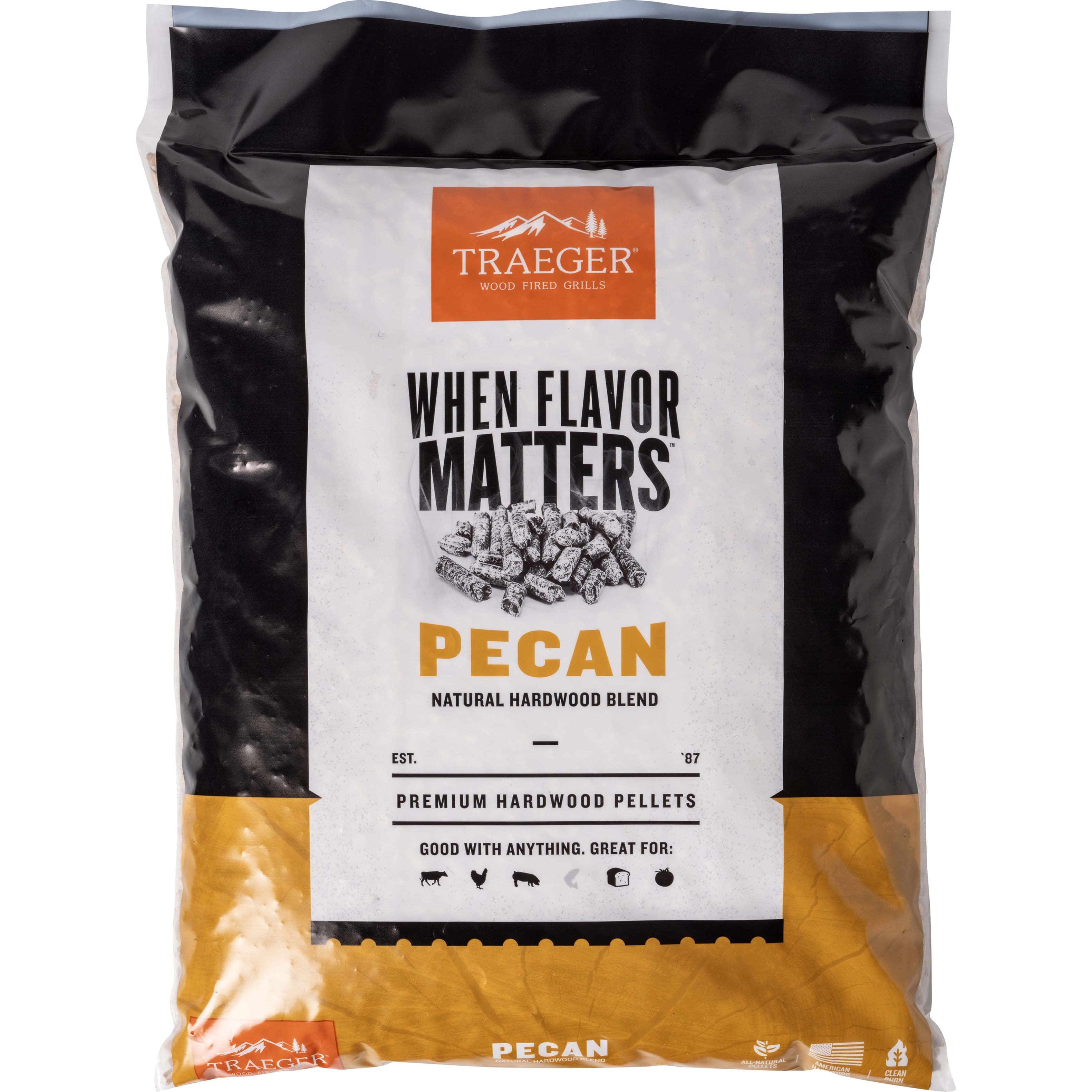 Traeger Wood Fired Grills When Flavor Matters Pecan Natural Hardwood Blend Est. '87 Premium Hardwood Pellets Good with Anything. Great for: Traeger Pecan - I | Master Mixer.