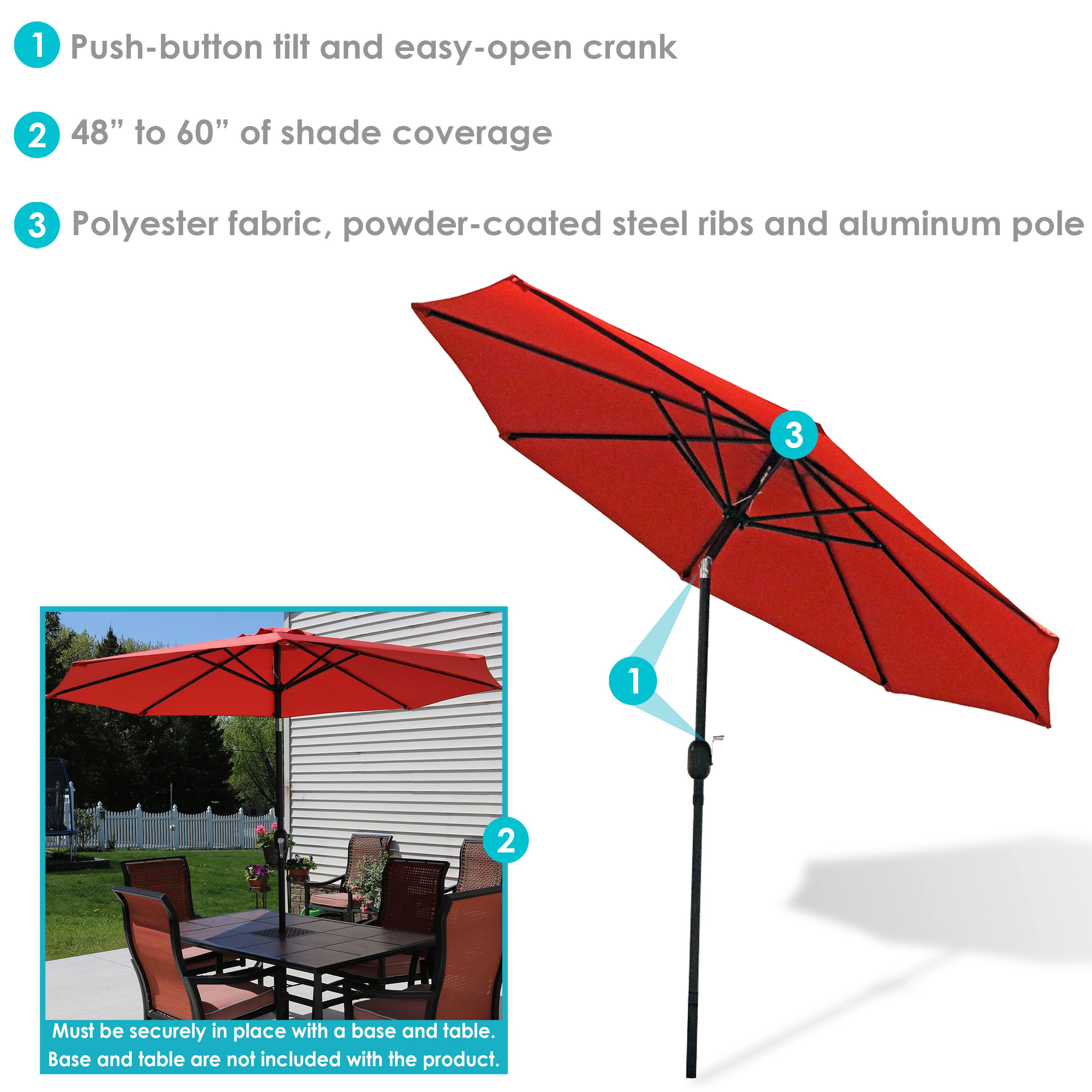 1. Push-button tilt and easy-open crank  
2. 48" to 60" of shade coverage  
3. Polyester fabric, powder-coated steel ribs, and aluminum pole  

Must be securely in place with a base and table. Base and table are not included with the product.