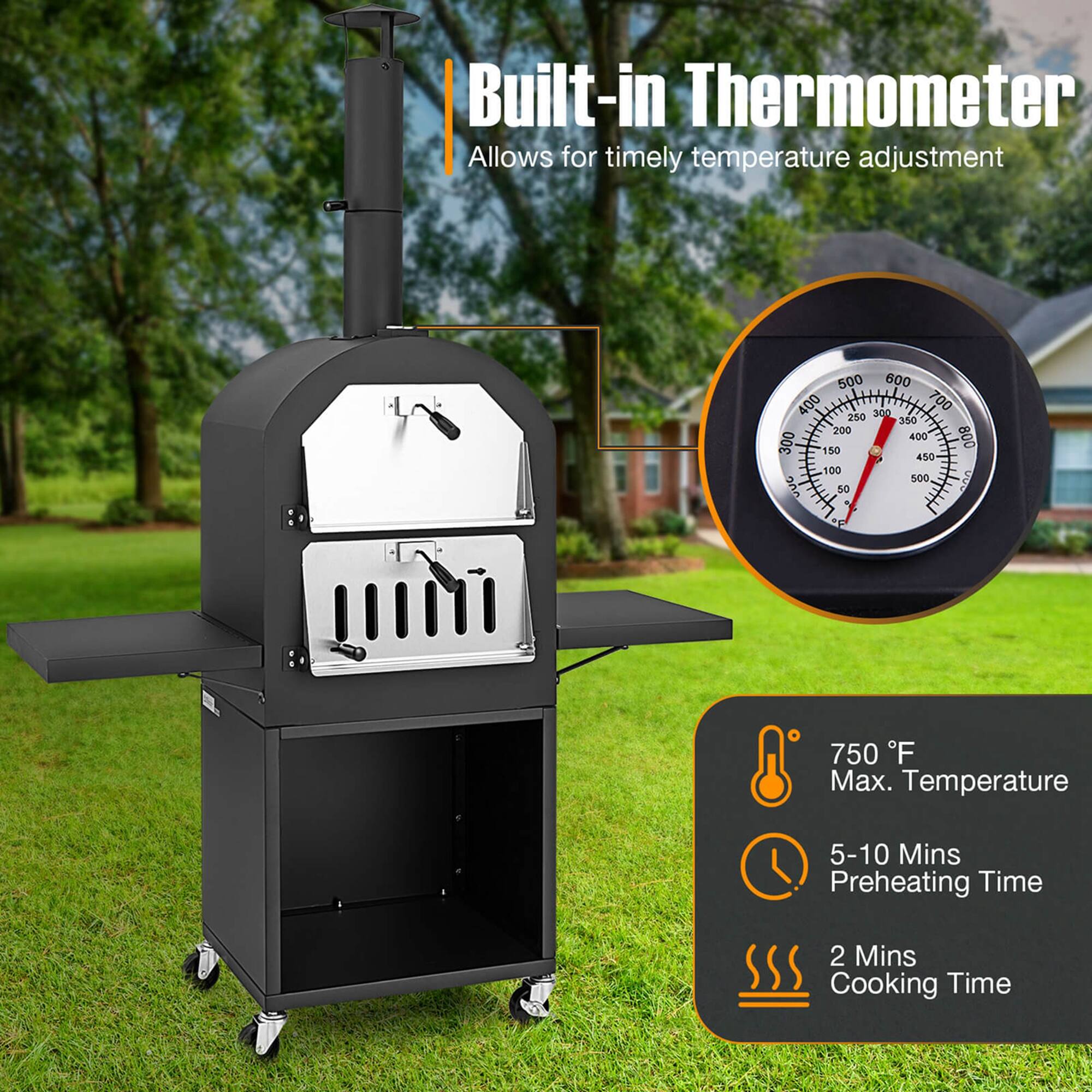 Built-in Thermometer Allows for timely temperature adjustment. 500°F - 750°F Max. Temperature. 5-10 Mins Preheating Time. 2 Mins Cooking Time.