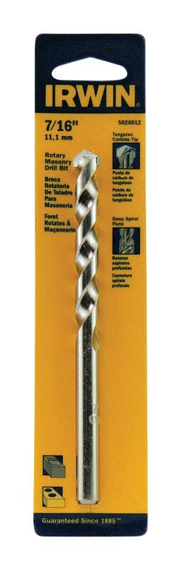 IRWIN  
5026012  
7/16" (11.1 mm) Tungsten Carbide Tip Rotary Masonry Drill Bit  
Broca Rotatoria De Taladro Para Masonería  
Foret Rotatives À Maçonnerie  
Punta de Carburo de Tungsteno  
Pointe de Carbure de Tungstène  
Deep Spiral Flutes  
Rasurres espirales profondes  
Canalures spirales profondes  
Guaranteed Since 1885™