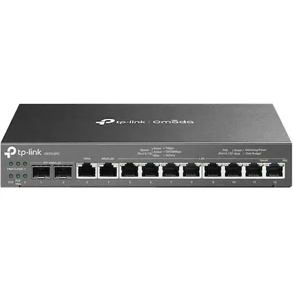 TP-Link Omada ER7212PC
- SFP WAN/LAN
- WAN
- WAN/LAN
- Port 3-12
- Green: 10Gbps Speed
- Amber: 100Mbps Speed
- Blink: Over Budget
- LAN
- Port 5-12: Green - Delivering Power
- PWR CLOUD 1
- SYS
- POE
- Port 1-12: Green - Activity
Ports:
1. PWR CLOUD 1
2. SYS
3. WAN
4. WAN/LAN
5. LAN
6. LAN
7. LAN
8. LAN
9. LAN
10. LAN
11. LAN
12. LAN