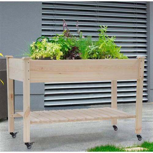 Angle. SlickBlue - Outdoor Raised Garden Bed Planter Box, 2ft Fir Wood with Locking Wheels - Brown.