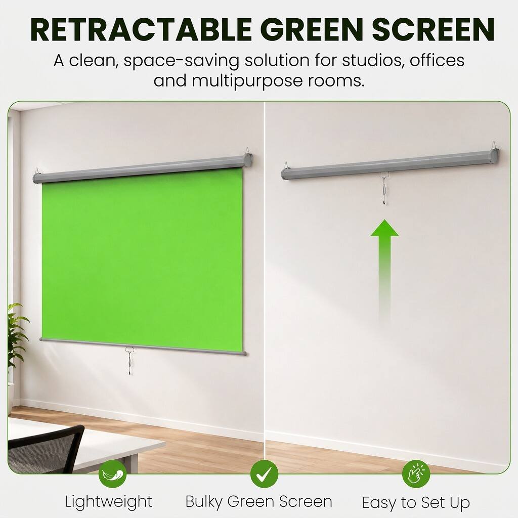 RETRACTABLE GREEN SCREEN  
A clean, space-saving solution for studios, offices and multipurpose rooms.  

Lightweight  
Bulky Green Screen  
Easy to Set Up
