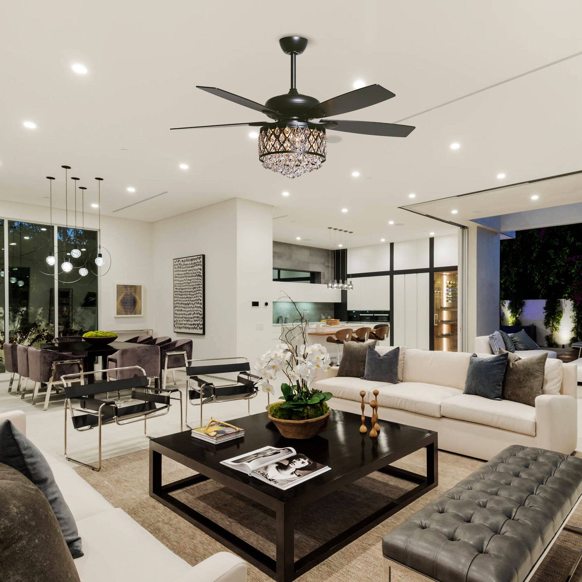 Angle. Parrot Uncle - 52" Modern Black Crystal Chandelier Indoor Ceiling Fan with Remote - Black.