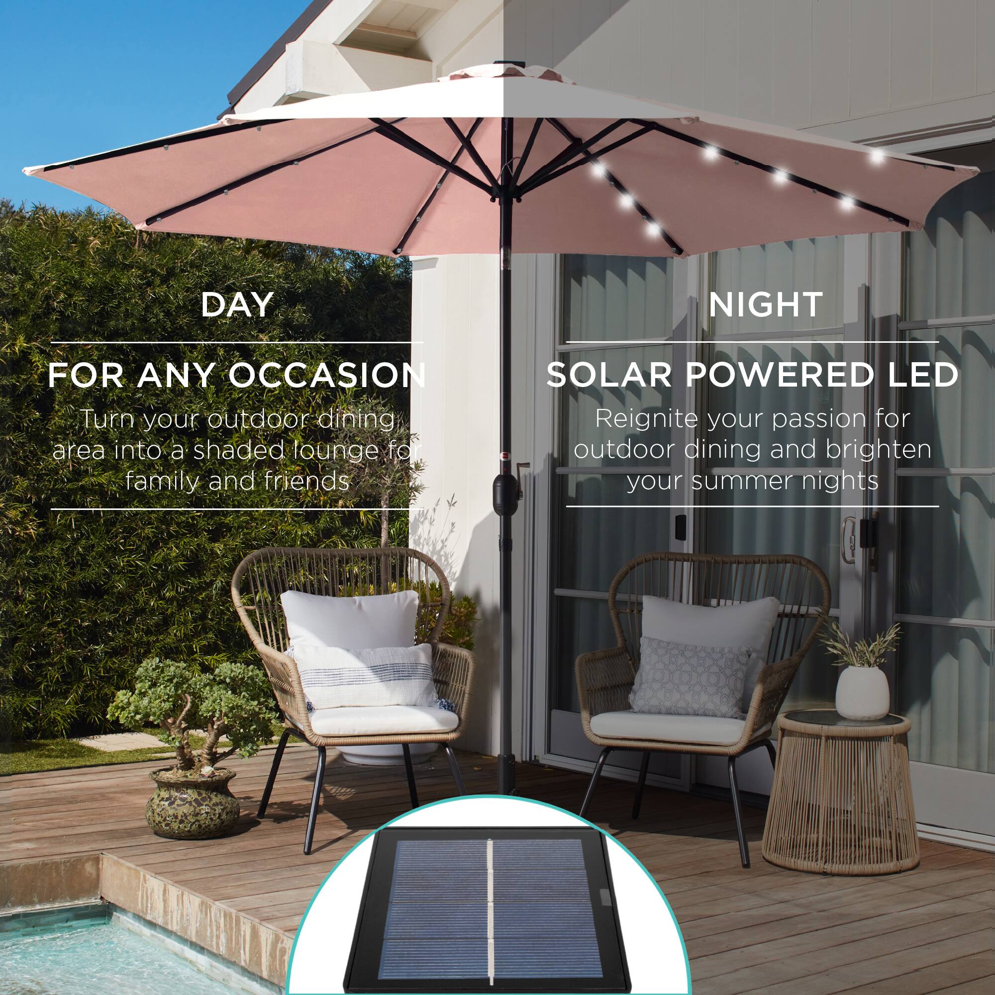 DAY NIGHT FOR ANY OCCASION

Turn your outdoor dining area into a shaded lounge for family and friends.

SOLAR POWERED LED

Reignite your passion for outdoor dining and brighten your summer nights.