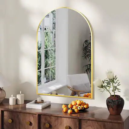 Front. Homhougo - Arched Wall Mirror Modern Gold Metal Frame Tempered Glass.