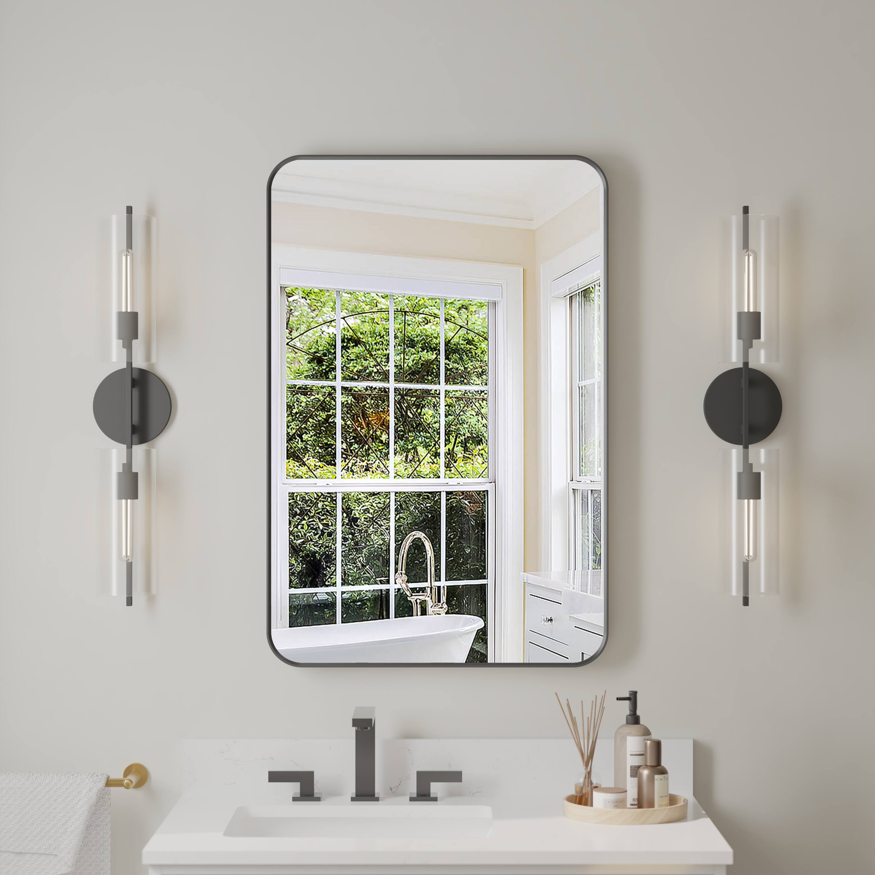 Angle. WELLFOR - 24 in. W x 36 in. H Rectangular Aluminum Framed Wall-Mounted Bathroom Vanity Mirror - Matte Black.