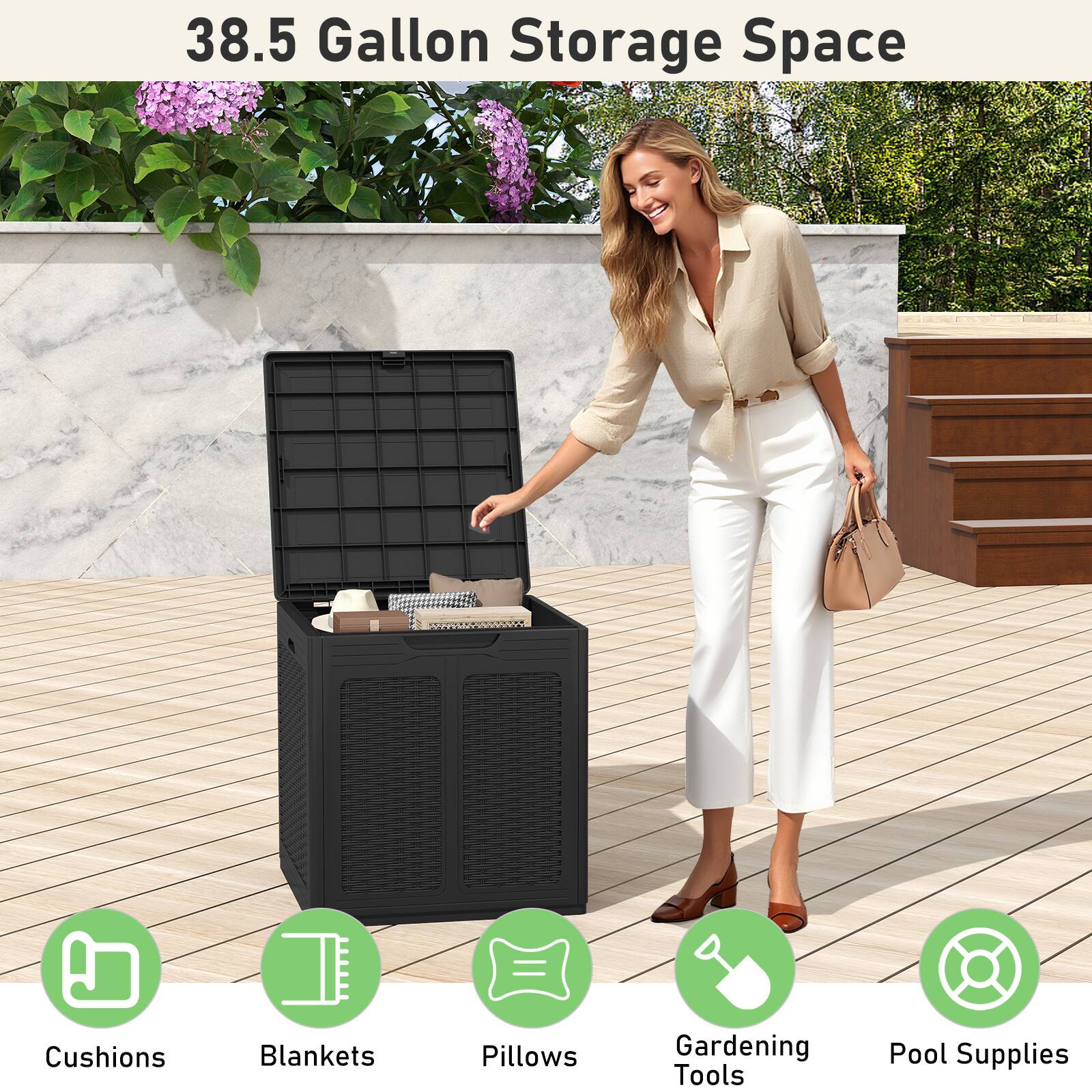 38.5 Gallon Storage Space

- Cushions
- Blankets
- Pillows
- Gardening Tools
- Pool Supplies