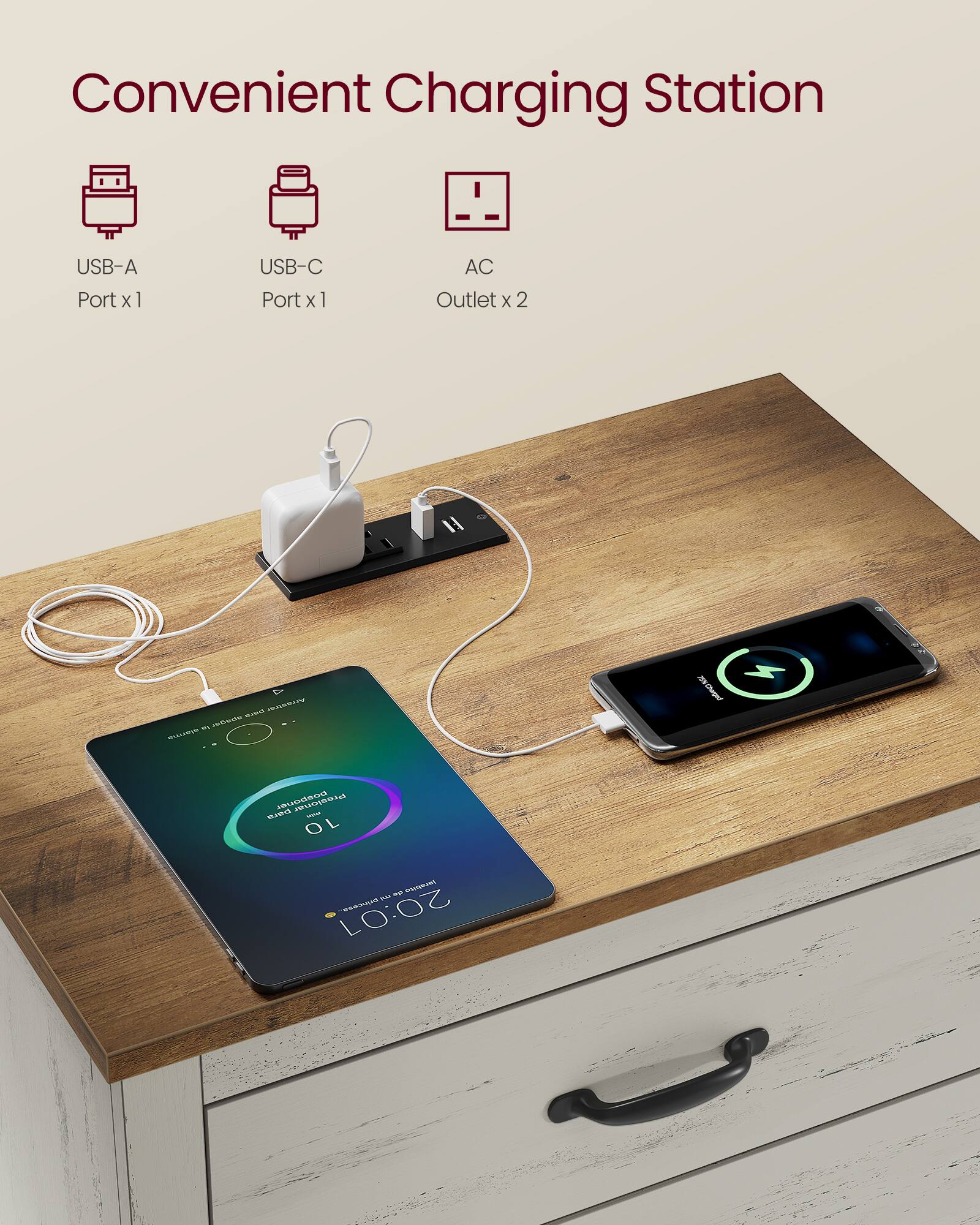Convenient Charging Station  
USB-A Port x1  
USB-C Port x1  
AC Outlet x 2