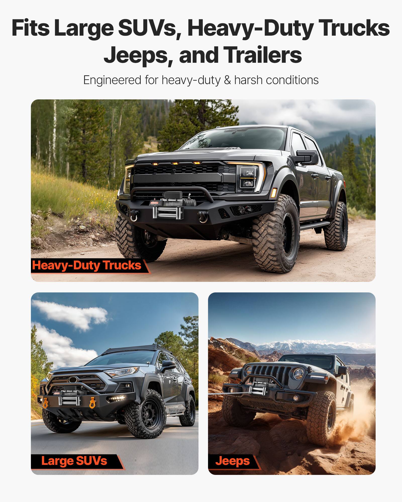 Fits Large SUVs, Heavy-Duty Trucks, Jeeps, and Trailers  
Engineered for heavy-duty & harsh conditions  

Heavy-Duty Trucks  
Large SUVs  
Jeeps