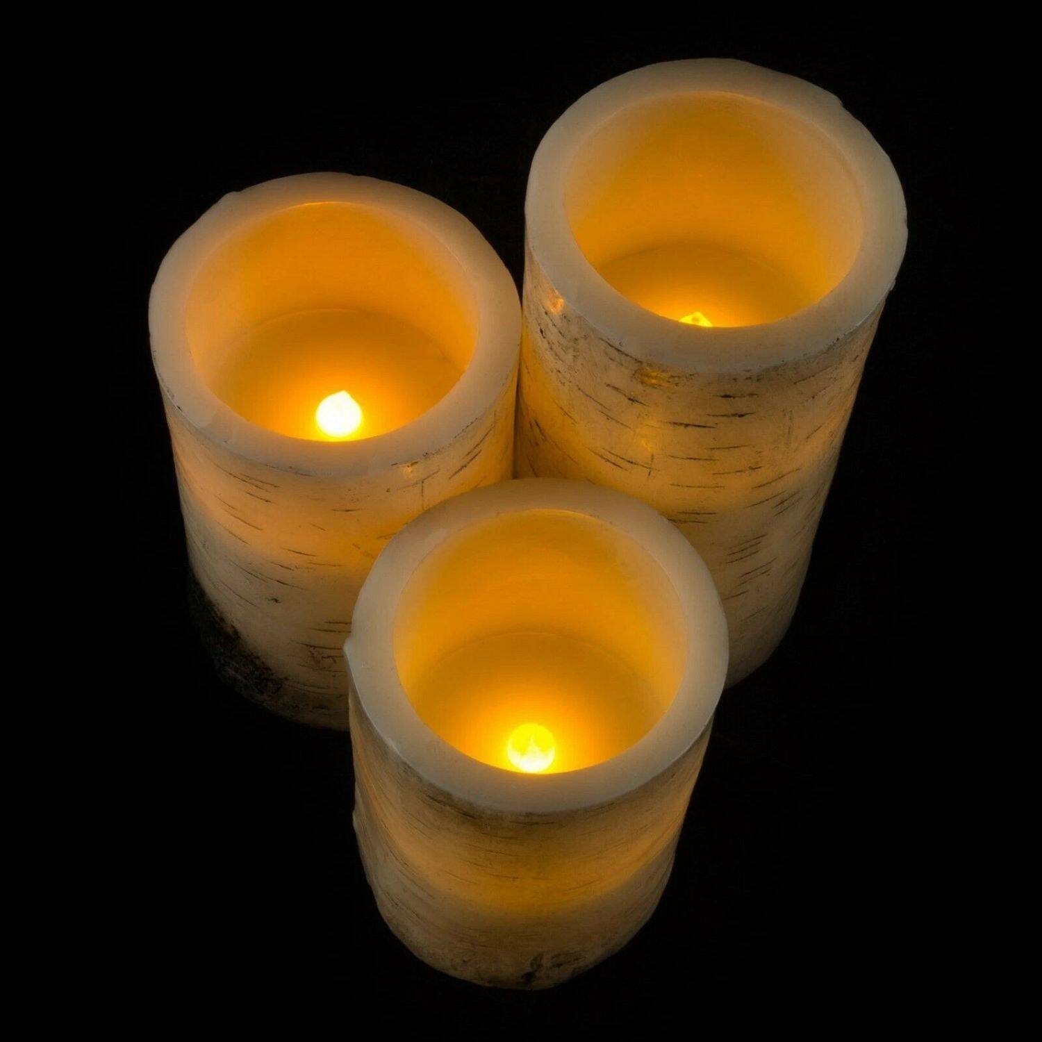 Back. Home Collection - 3-Piece Real Wax LED Flameless Candle Set – Birch Bark Design with Remote & Timer.