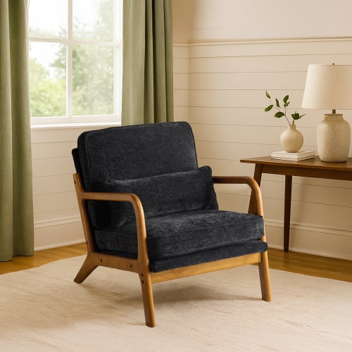 Winado - Comfy Chairs Leisure Armchair with Rubber Wood Frame & Lumbar Pillow for Living Room Bedroom Studio Restaurants - Black
