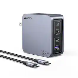UGREEN - Nexode Pro 160W USB-C Charger, 4-Port PD3.1 Fast GaN Charger Kit for MacBooks, Laptops, Tablets, Cellphones - Silver Gray