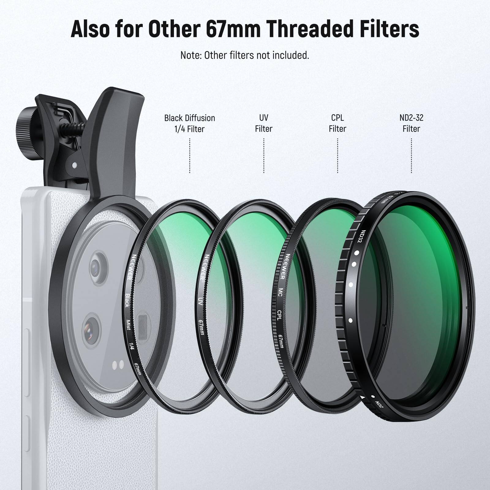 Also for Other 67mm Threaded Filters  
Note: Other filters not included.  
- Black Diffusion 1/4 Filter  
- UV Filter  
- CPL Filter  
- ND2-32 Filter  
- NEEWER Black Mist 1.44 67mm  
- NEEWER UV 67mm  
- NEEWER MC CPL 67mm  
- NEEWER ND32