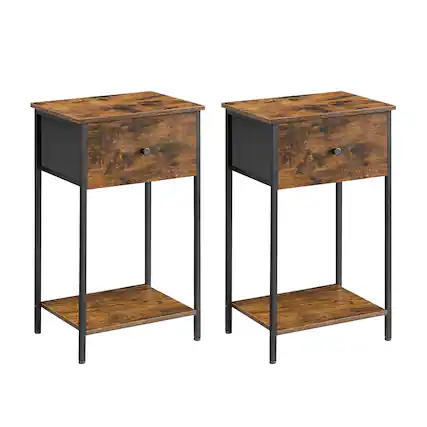 Front. Songmics Home - Nightstands, Set of 2 Side Tables with Fabric Drawer, 24-Inch Tall End Tables with Storage Shelf, Bedroom - Rustic Brown and Black.