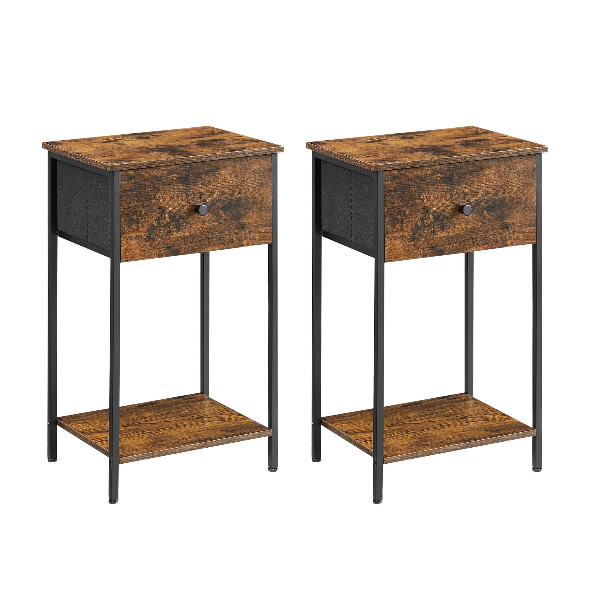 Songmics Home - Nightstands, Set of 2 Side Tables with Fabric Drawer, 24-Inch Tall End Tables with Storage Shelf, Bedroom - Rustic Brown and Black