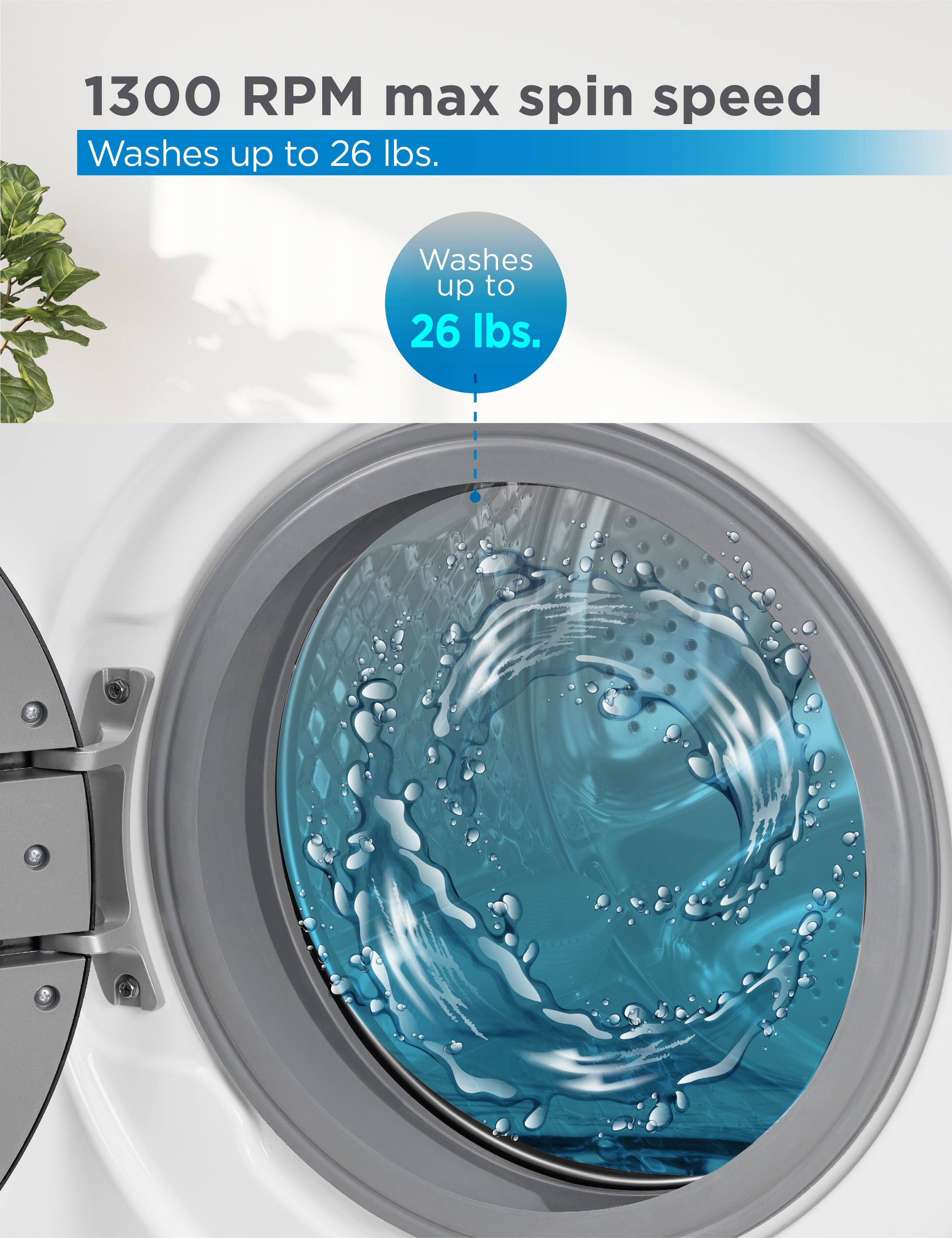 1300 RPM max spin speed  
Washes up to 26 lbs.