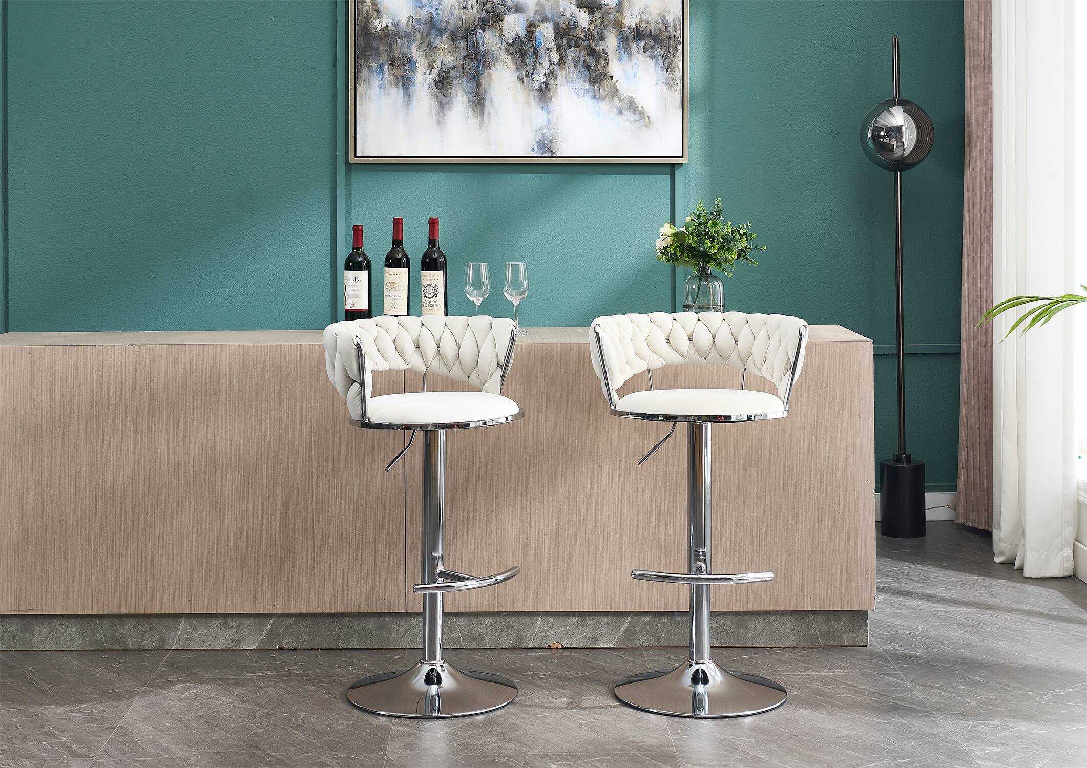 Back. APRILSOUL - Set of 2 Bar Stools Chrome Footrest Base Swivel Height Adjustable Velvet Chrome Leg CREAM - White.
