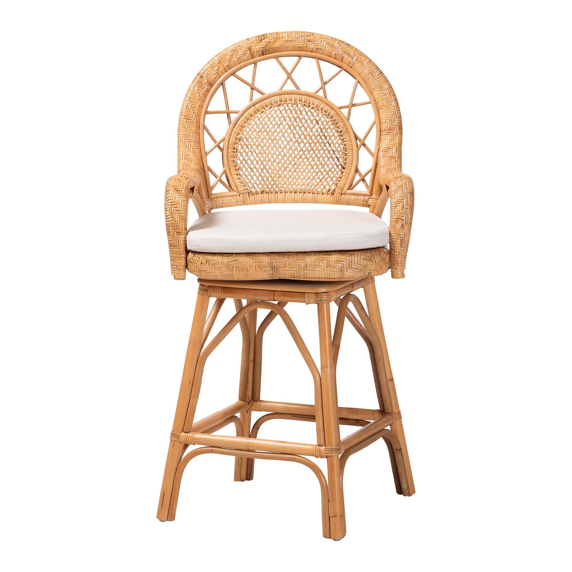 Angle. bali & pari - Adam Natural Rattan Counter Stool with Cushion - Handwoven Wicker Swivel Bar Chair for Kitchen Island or Lounge Area - Light Honey.