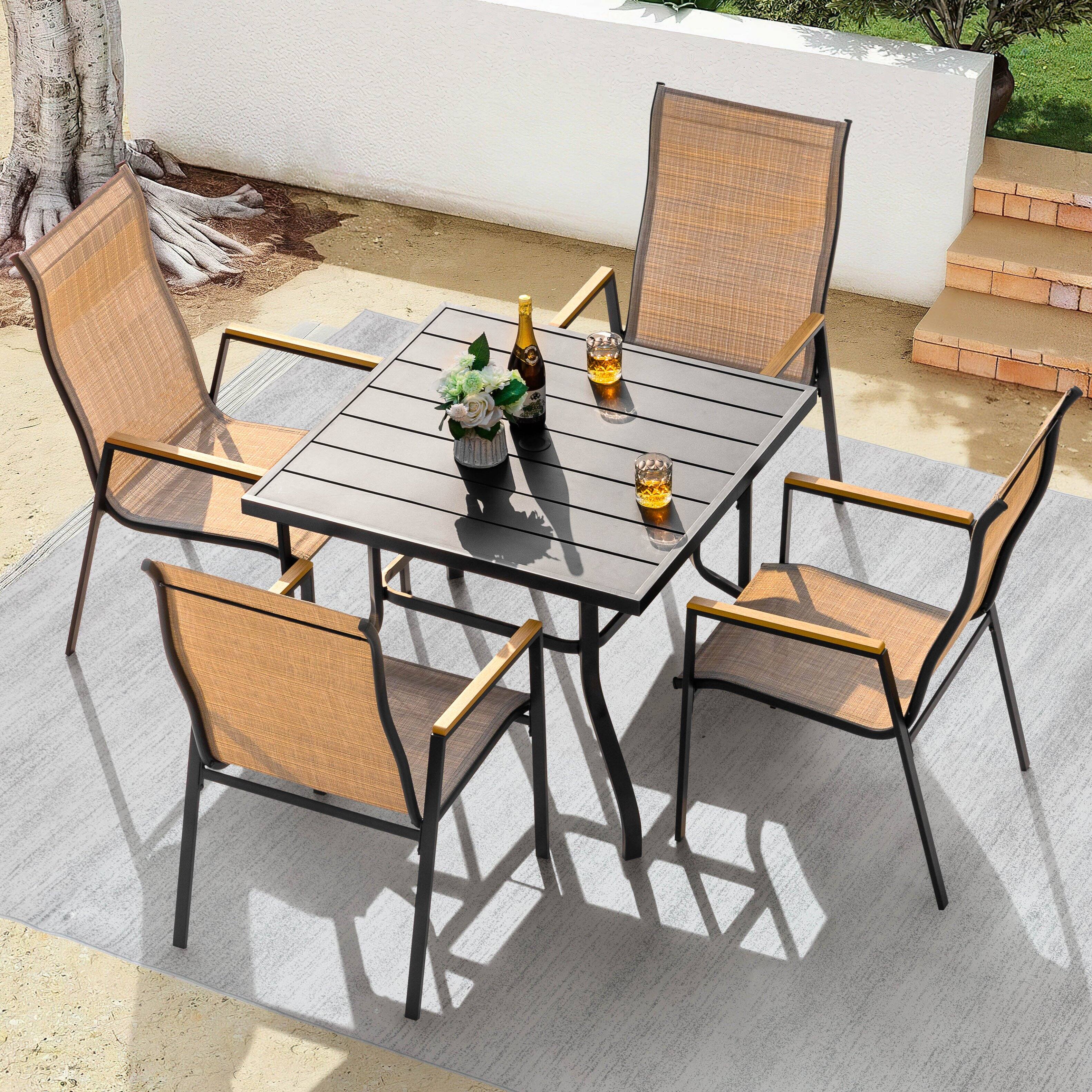 Left. Nuu Garden - 5-Piece Textilene Patio Dining Set with Umbrella Hole, Stackable Design - Black and Khaki.
