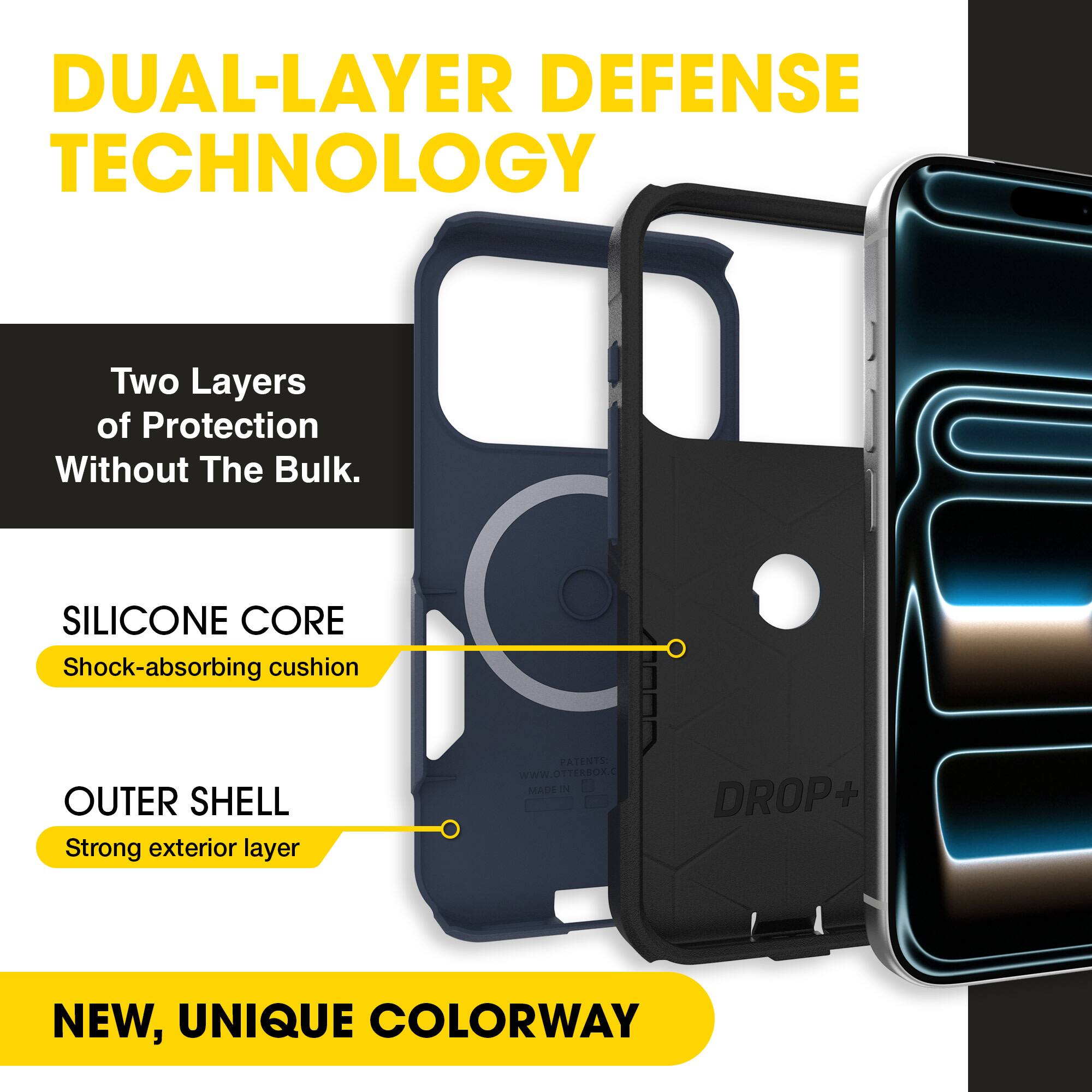 DUAL-LAYER DEFENSE TECHNOLOGY  
Two Layers of Protection Without The Bulk.  

SILICONE CORE  
Shock-absorbing cushion  

OUTER SHELL  
Strong exterior layer  

NEW, UNIQUE COLORWAY  

PATENTS  
WWW.OTTERBOX.COM