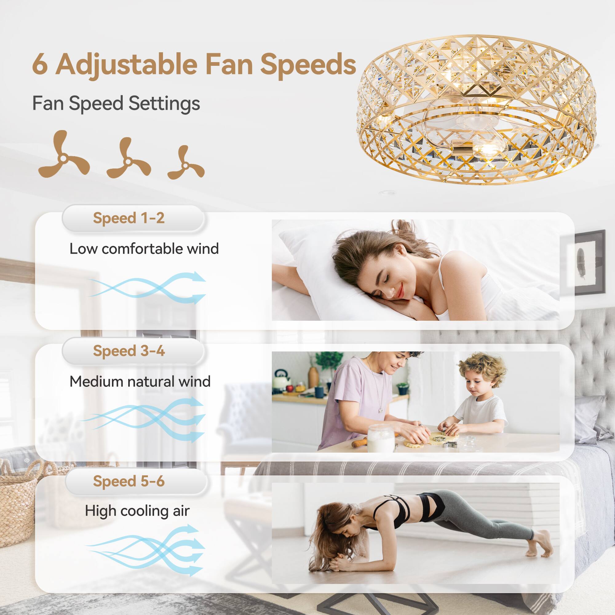 6 Adjustable Fan Speeds  
Fan Speed Settings  

Speed 1-2  
Low comfortable wind  

Speed 3-4  
Medium natural wind  

Speed 5-6  
High cooling air