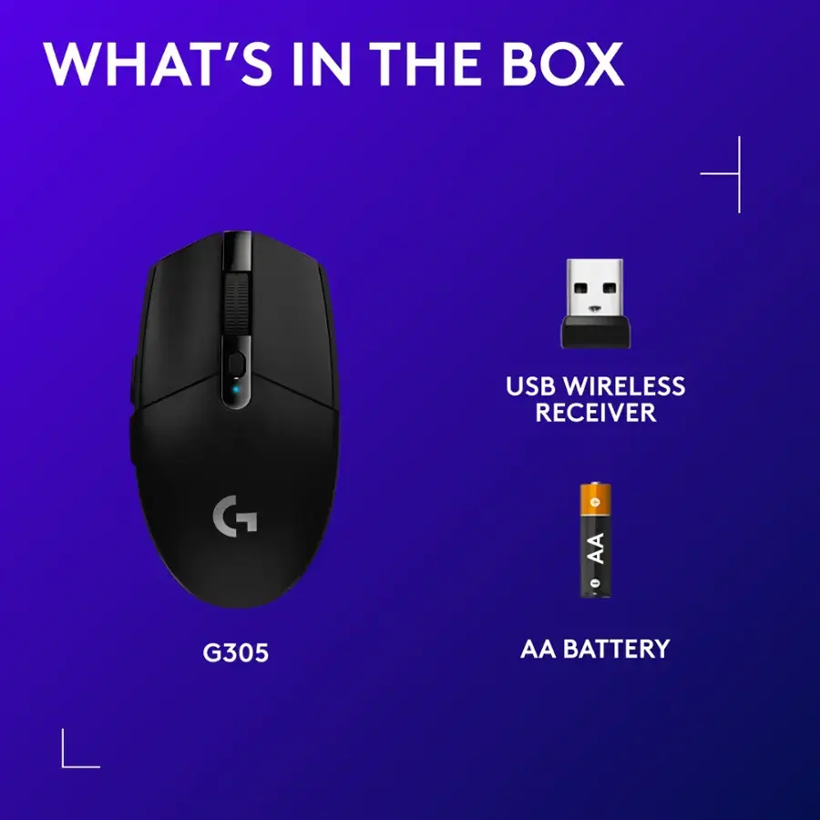 What's in the box: USB wireless receiver, G305, AA battery.