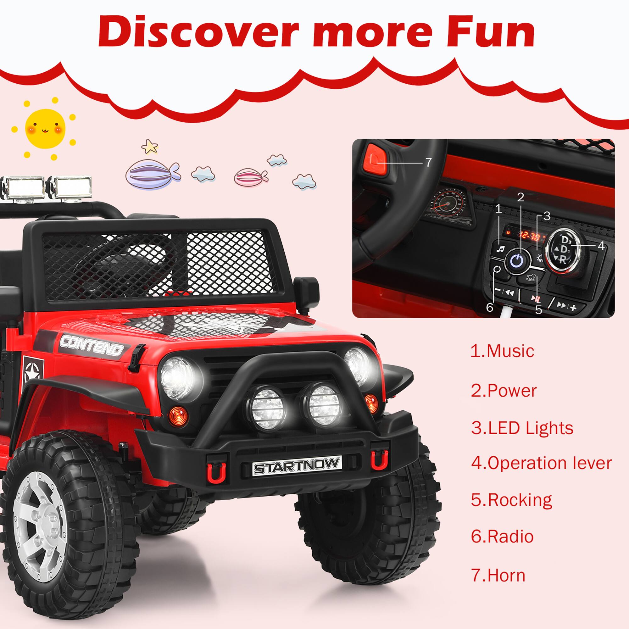 Discover more Fun

1. Music
2. Power
3. LED Lights
4. Operation lever
5. Rocking
6. Radio
7. Horn