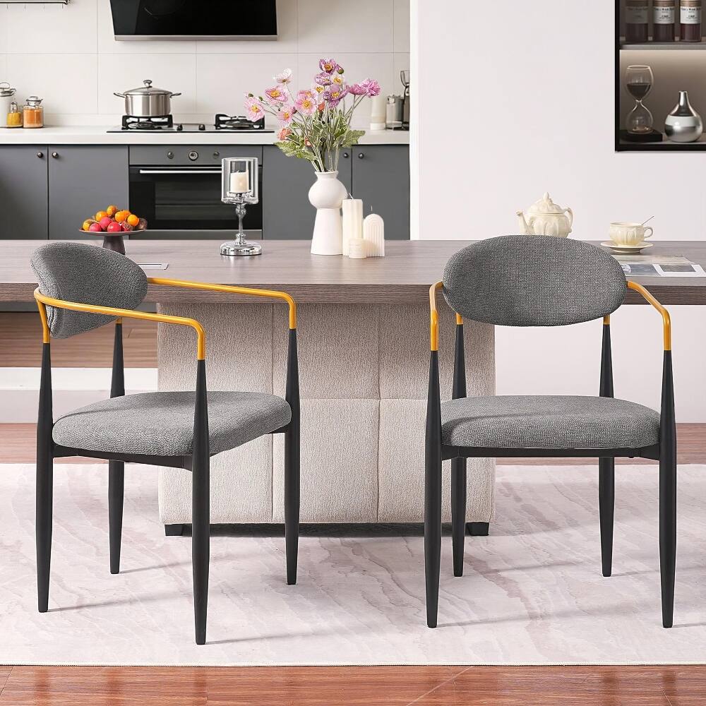 Alt View 3. Loheer - Loheer Modern Upholstered Dining Chairs Set of 2 Grey Fabric Ergonomic Seat Black Metal Frame Gold Armrests - Grey.