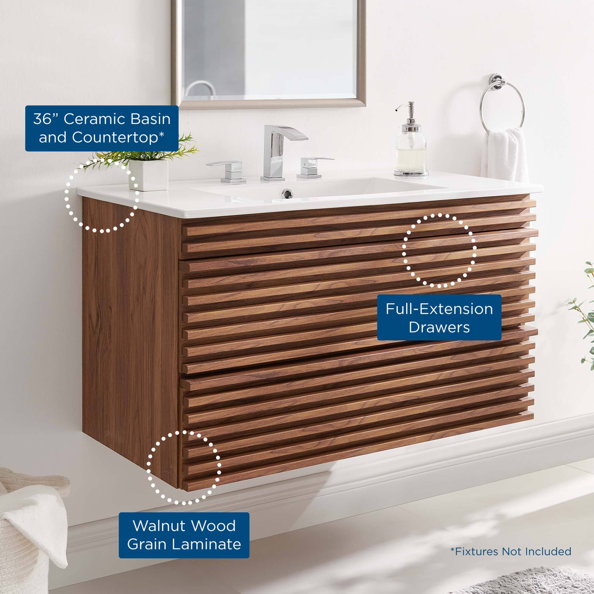 36" Ceramic Basin and Countertop*  
Full-Extension Drawers  
Walnut Wood Grain Laminate  
*Fixtures Not Included