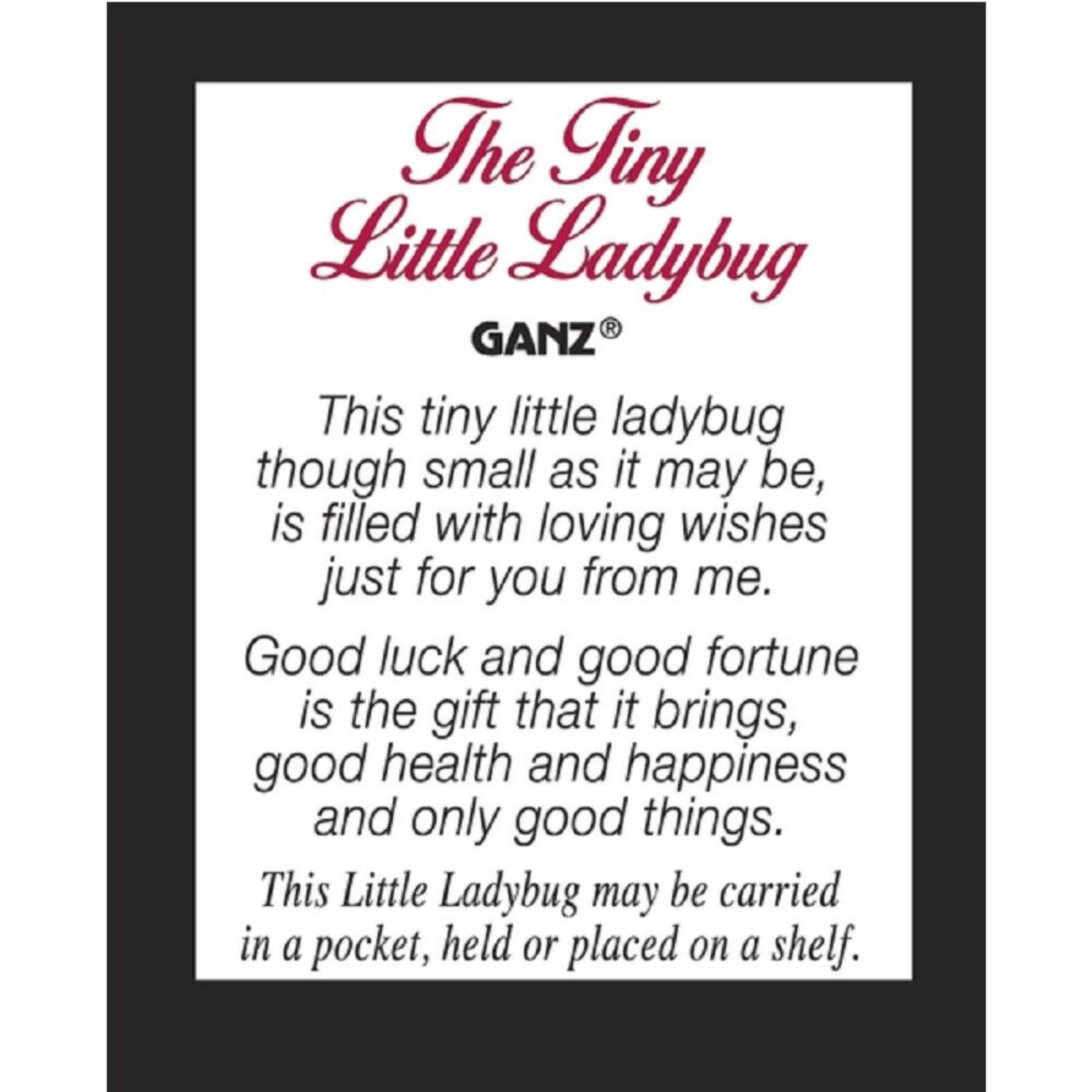 The Tiny Little Ladybug  
GANZ®  

This tiny little ladybug, though small as it may be, is filled with loving wishes just for you from me.  
Good luck and good fortune is the gift that it brings, good health and happiness and only good things.  
This Little Ladybug may be carried in a pocket, held or placed on a shelf.