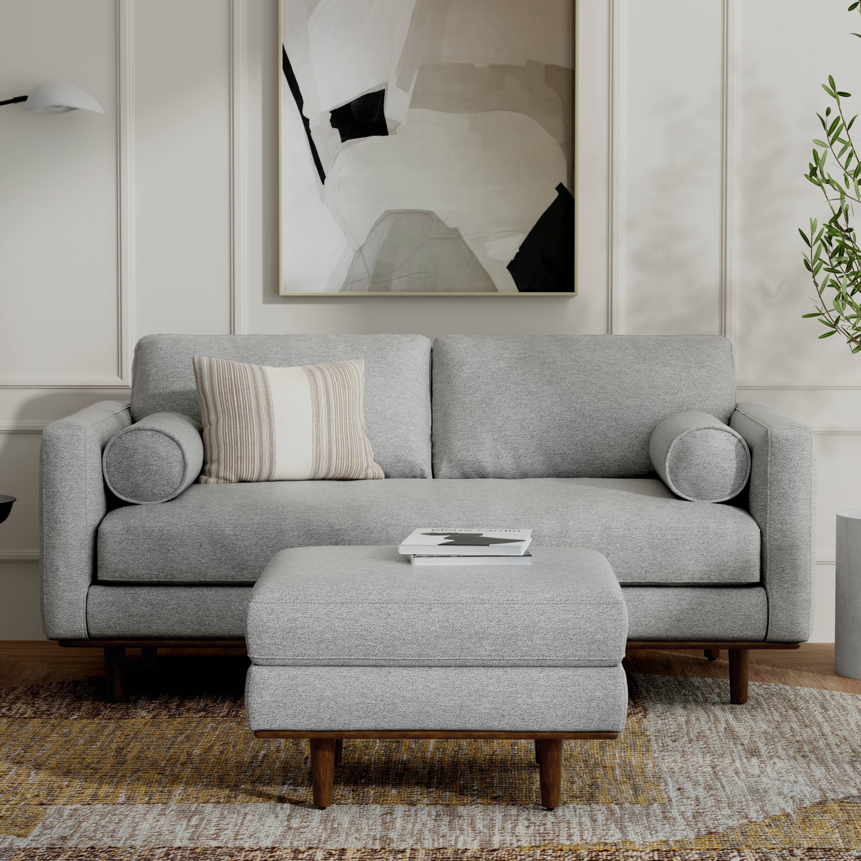 Angle. Simpli Home - Morrison Mid-Century Modern 72 inch Wide Sofa with Ottoman Set in Mist Grey Tightly Woven Performance Fabric - Mist Grey.