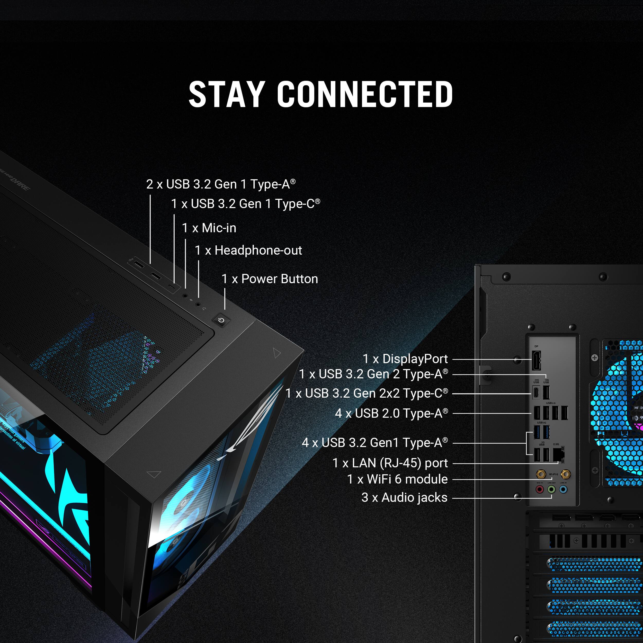 STAY CONNECTED

2 x USB 3.2 Gen 1 Type-A
1 x USB 3.2 Gen 1 Type-C
1 x Mic-in
1 x Headphone-out
1 x Power Button

1 x DisplayPort
1 x USB 3.2 Gen 2 Type-A
1 x USB 3.2 Gen 2x2 Type-C
4 x USB 2.0 Type-A
1 x LAN (RJ-45) port
1 x WiFi 6 module
3 x Audio jacks
