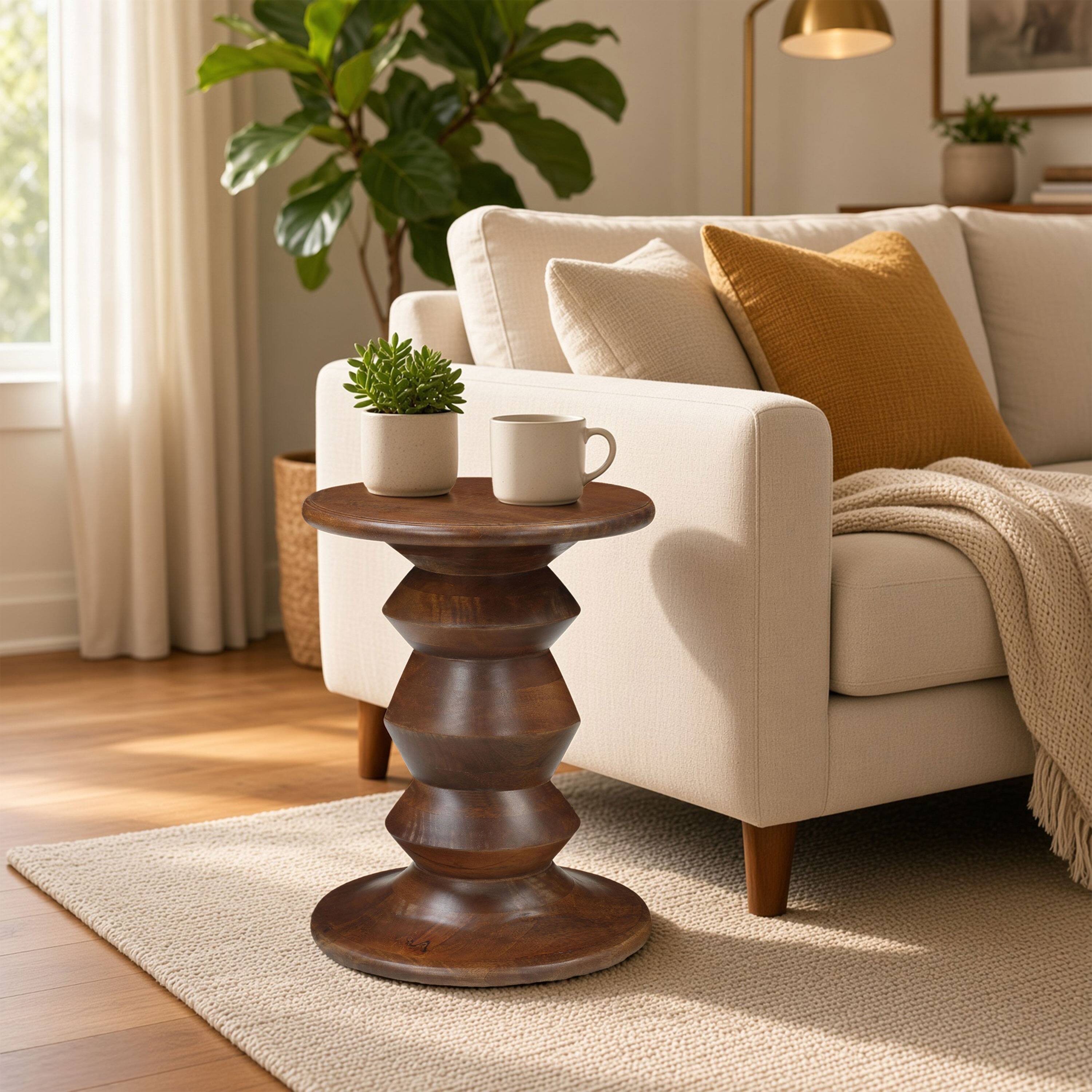 Alt View 8. Manhattan Lane - Jie Side End Table, Sculpted Pedestal Base, Mango Wood, 18.5 Inch - Walnut Brown.