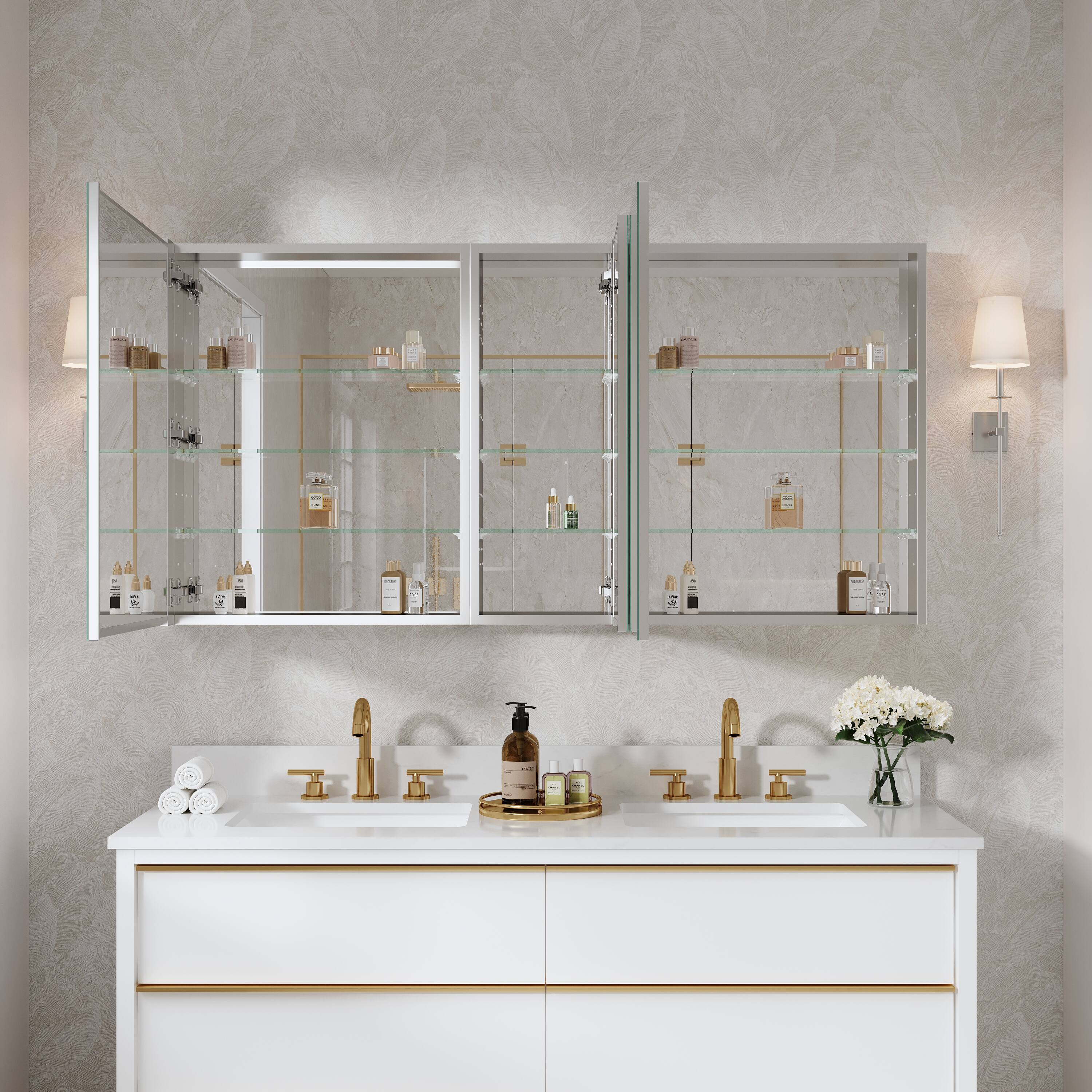 Back. WELLFOR - Combo 60 in. W x 30 in. H Rectangular Recess/Surface Mount Frameless Medicine Cabinet with Mirror, Soft Close Door - Silver.