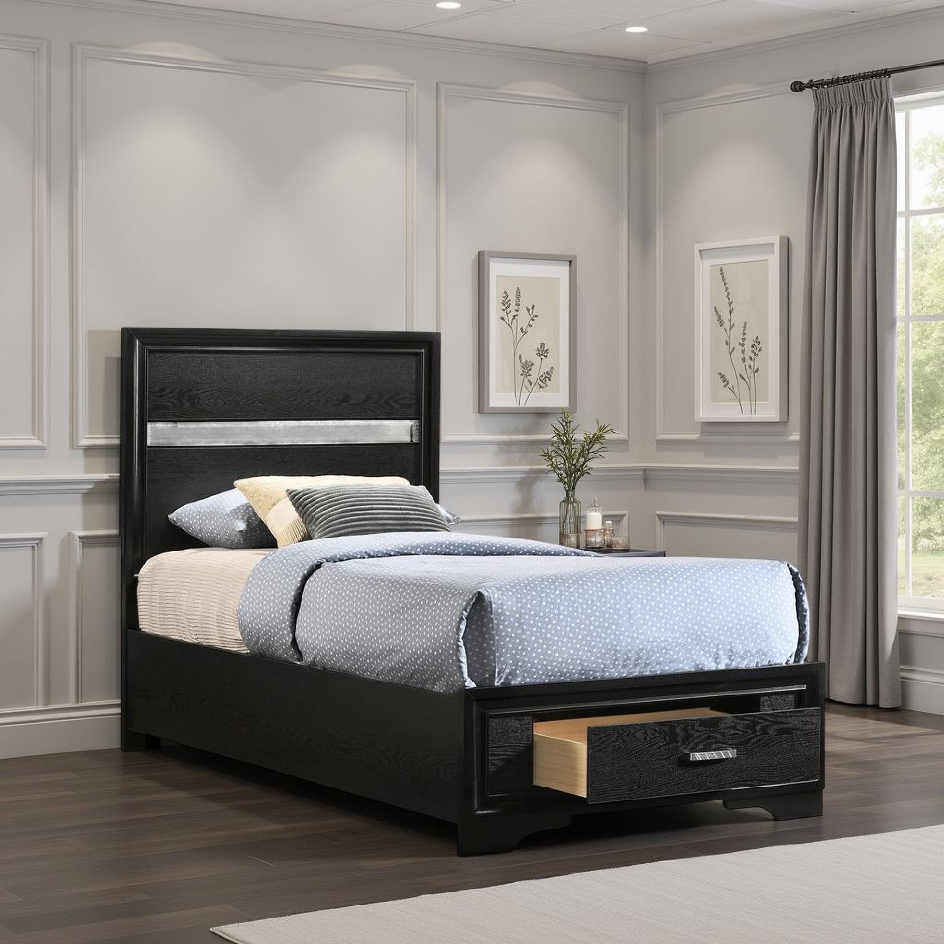 Alt View 5. Manhattan Lane - Vino Twin Size Panel Bed with 2 Storage Drawers, Acrylic Glitter - Black, Silver.