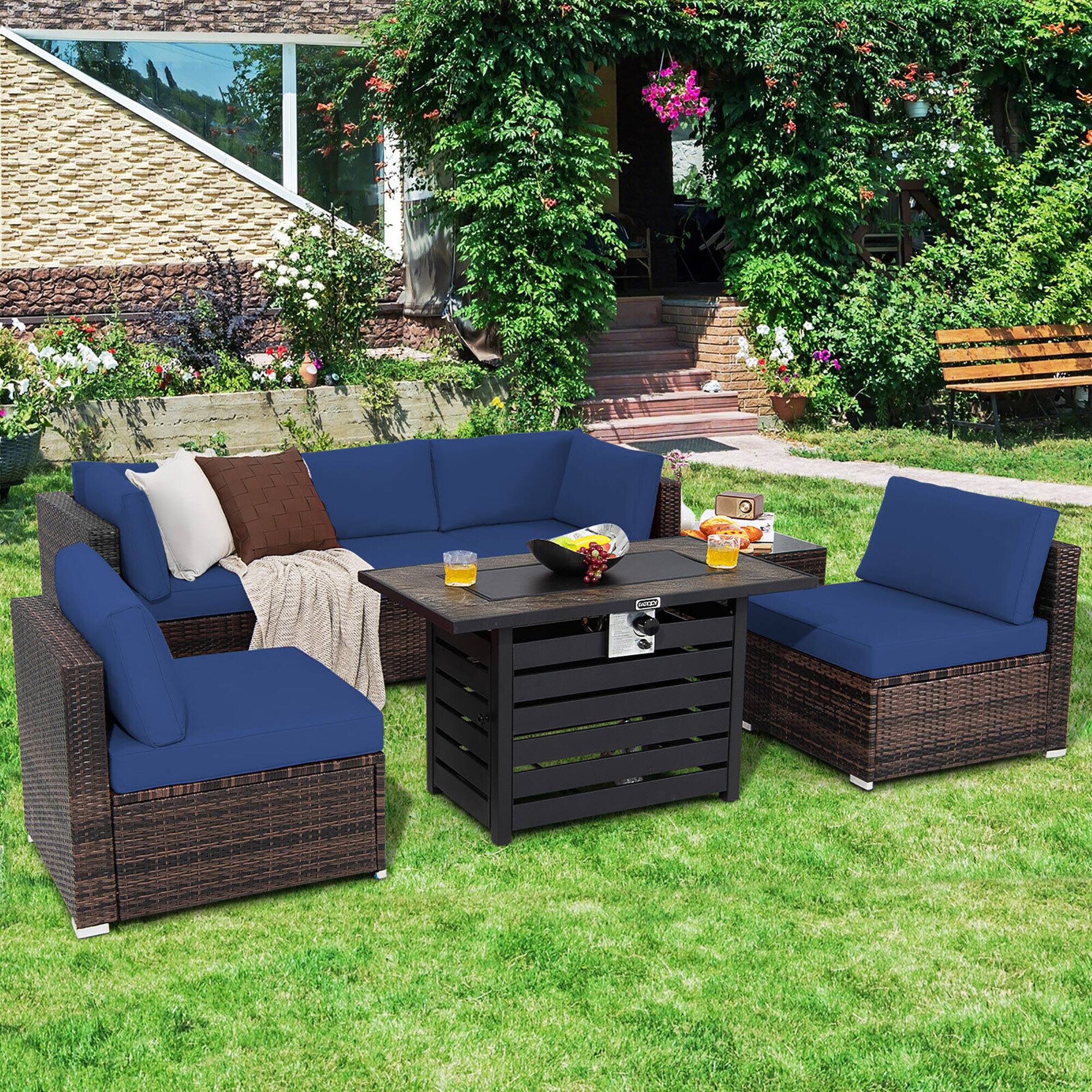 Alt View 2. Gymax - Gymax 7PCS Patio Rattan Furniture Set 42'' Fire Pit Table w/ Cover Cushioned Navy - Navy.