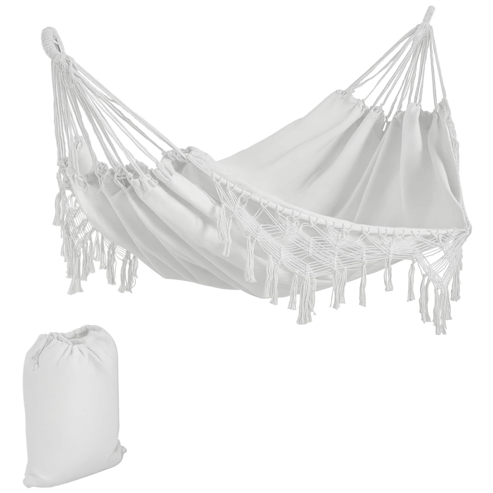 Outsunny - Large Boho Hammock with Macrame Tassel Fringe, Includes Carrying Bag - White