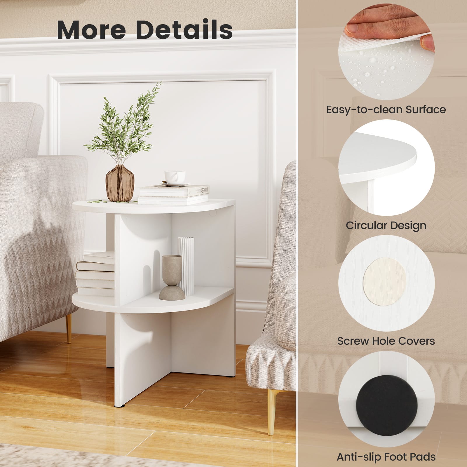 Gymax Half Round Side Table 2 tier Wooden Nightstand w/Open